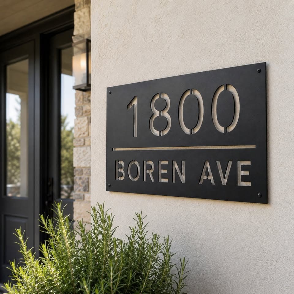 Custom metal house number sign installed on a home exterior