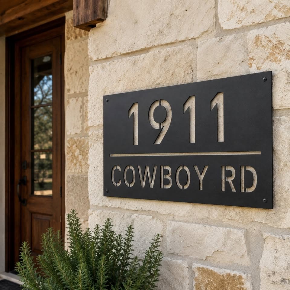 Modern steel street address sign on masonry