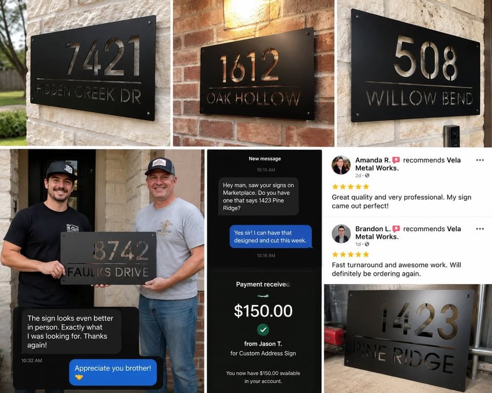 Vela Metal Works customer reviews, finished signs, and customer pickup
